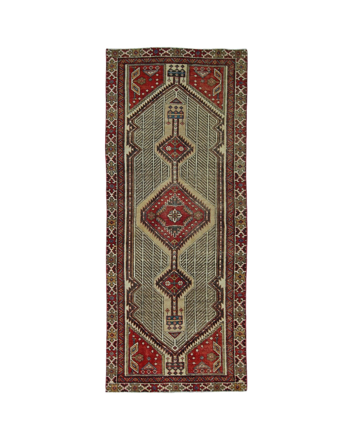 A vintage Persian Serab runner featuring a geometric medallion pattern in red and beige tones.