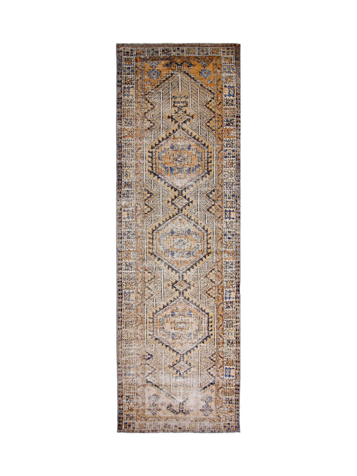 Vintage Persian Serab runner with geometric diamond medallions in muted orange, blue, and cream wool.