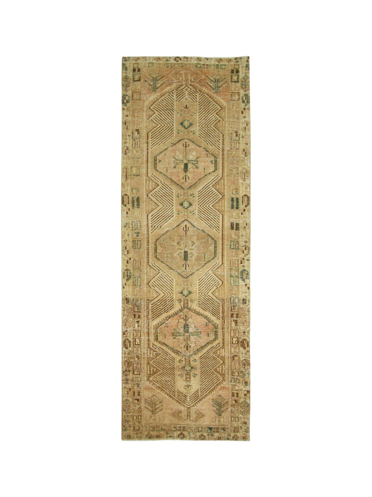 Vintage Persian Serab runner featuring geometric diamond medallions in muted tan, pink, and green wool.