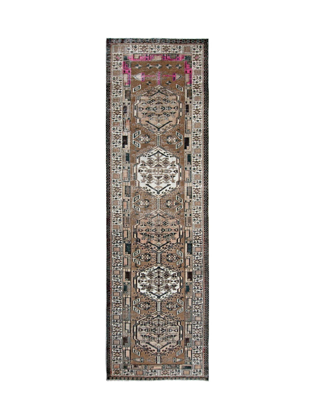 Vintage Persian Serab runner with geometric medallions in earthy brown tones and subtle pink accents on a wool pile.