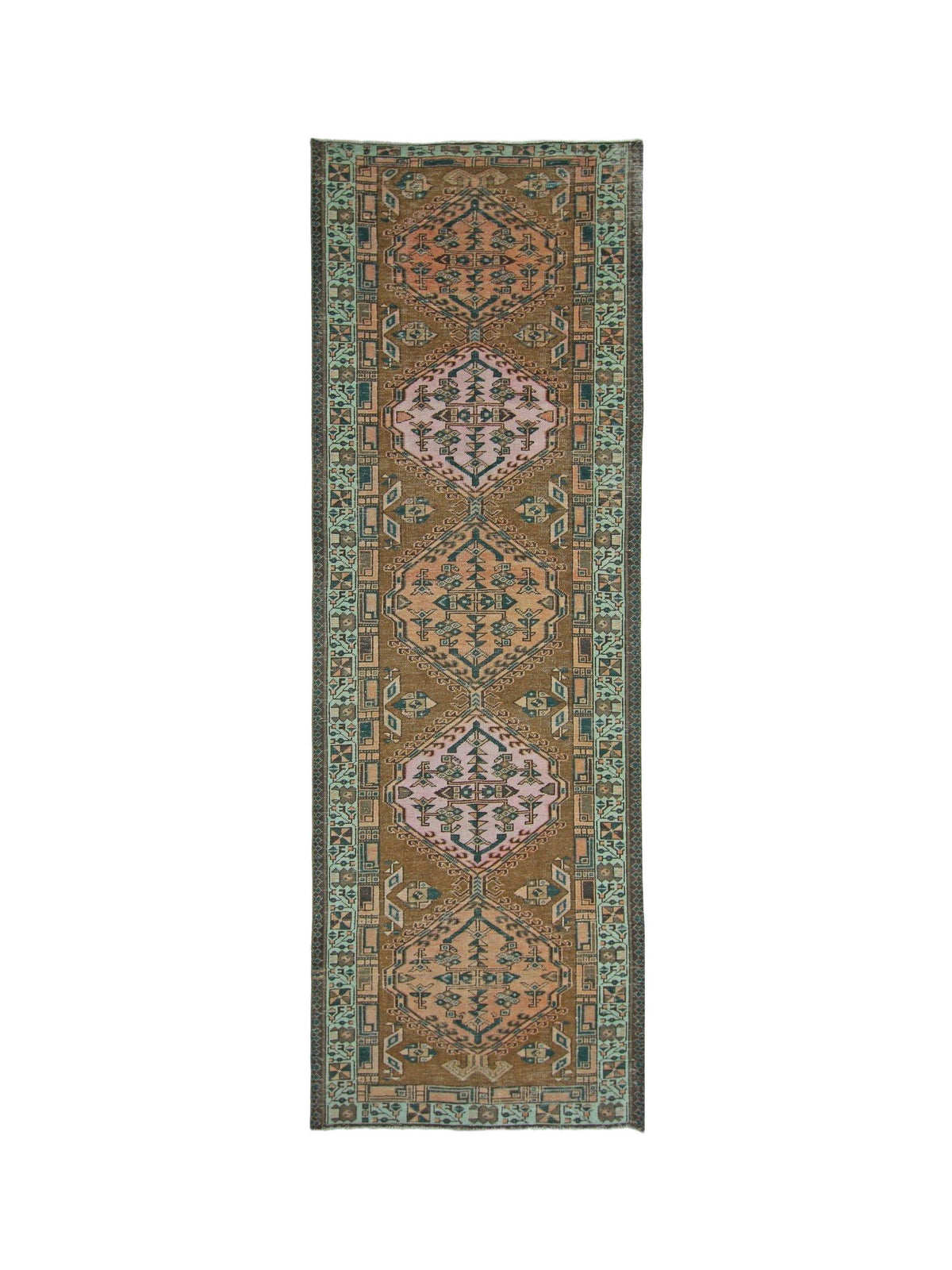 Vintage Persian Serab runner with brown field, pink stepped diamond medallions, and geometric teal borders.