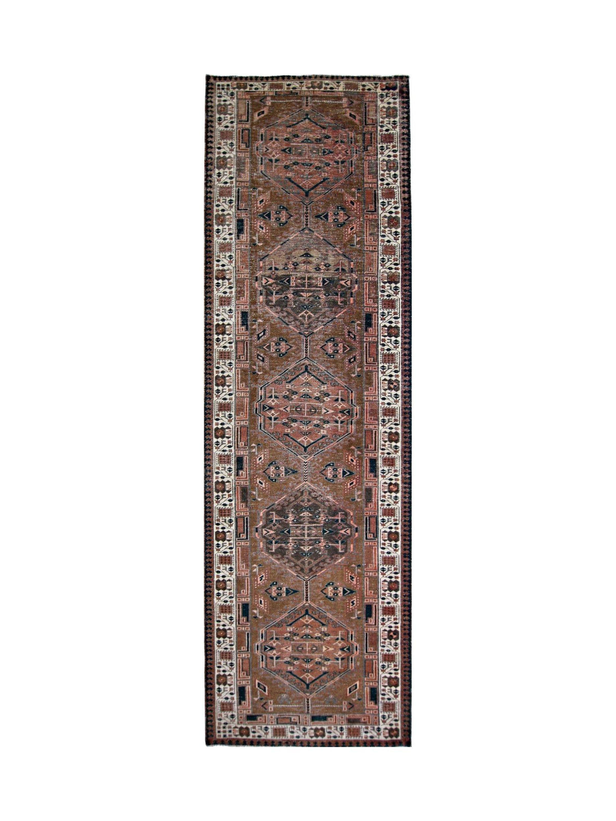 Vintage Persian Serab runner featuring geometric medallions in muted brown and earthy tones with a detailed border.