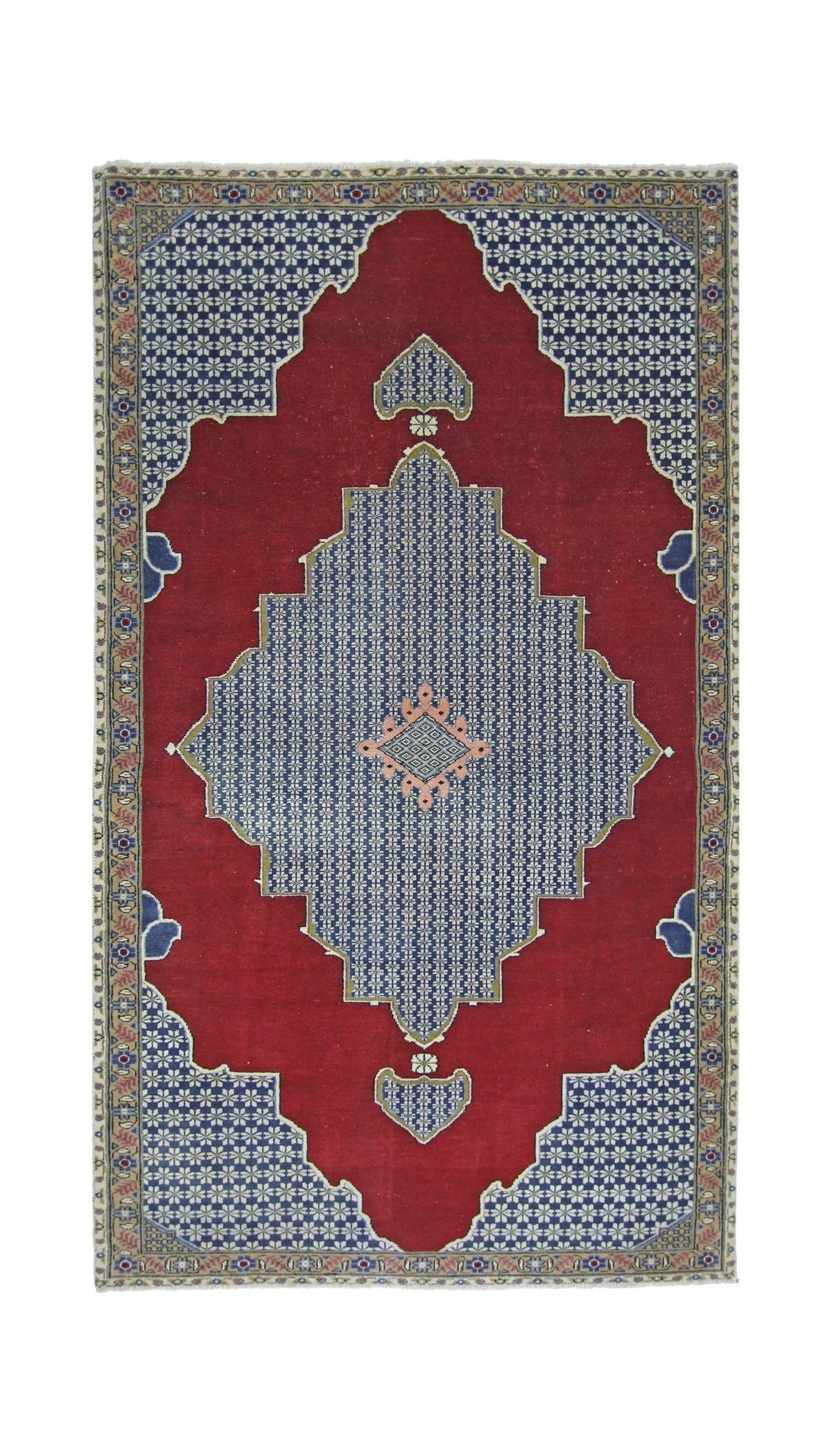 Hand-knotted vintage Persian Tabriz wool rug featuring a deep red field, blue central medallion, and intricate floral motifs.