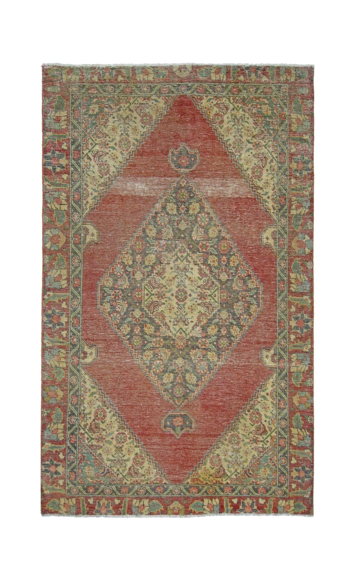 Vintage hand-knotted Persian Tabriz wool rug featuring a red diamond medallion and intricate floral motifs with fringe.