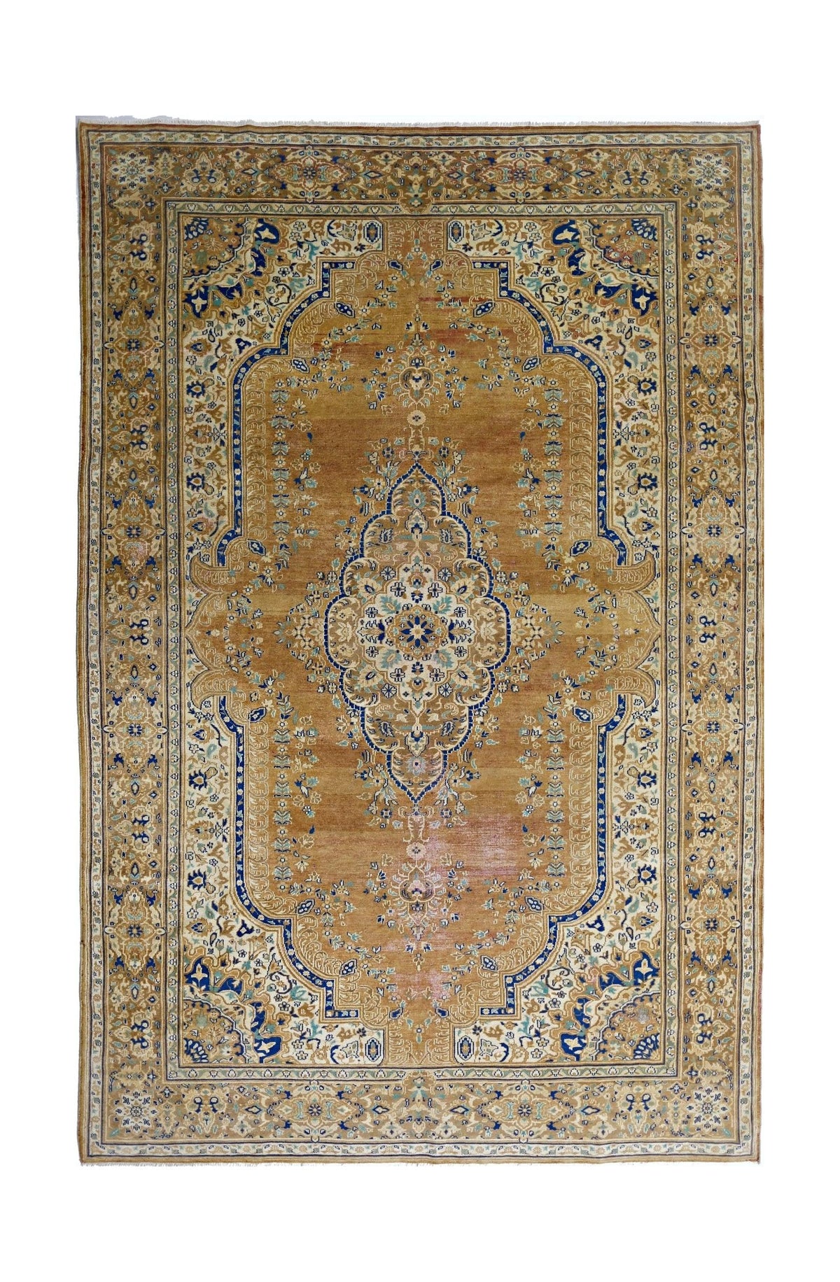 Hand-knotted vintage Persian Tabriz wool rug in golden tan with intricate blue and cream floral medallion patterns.
