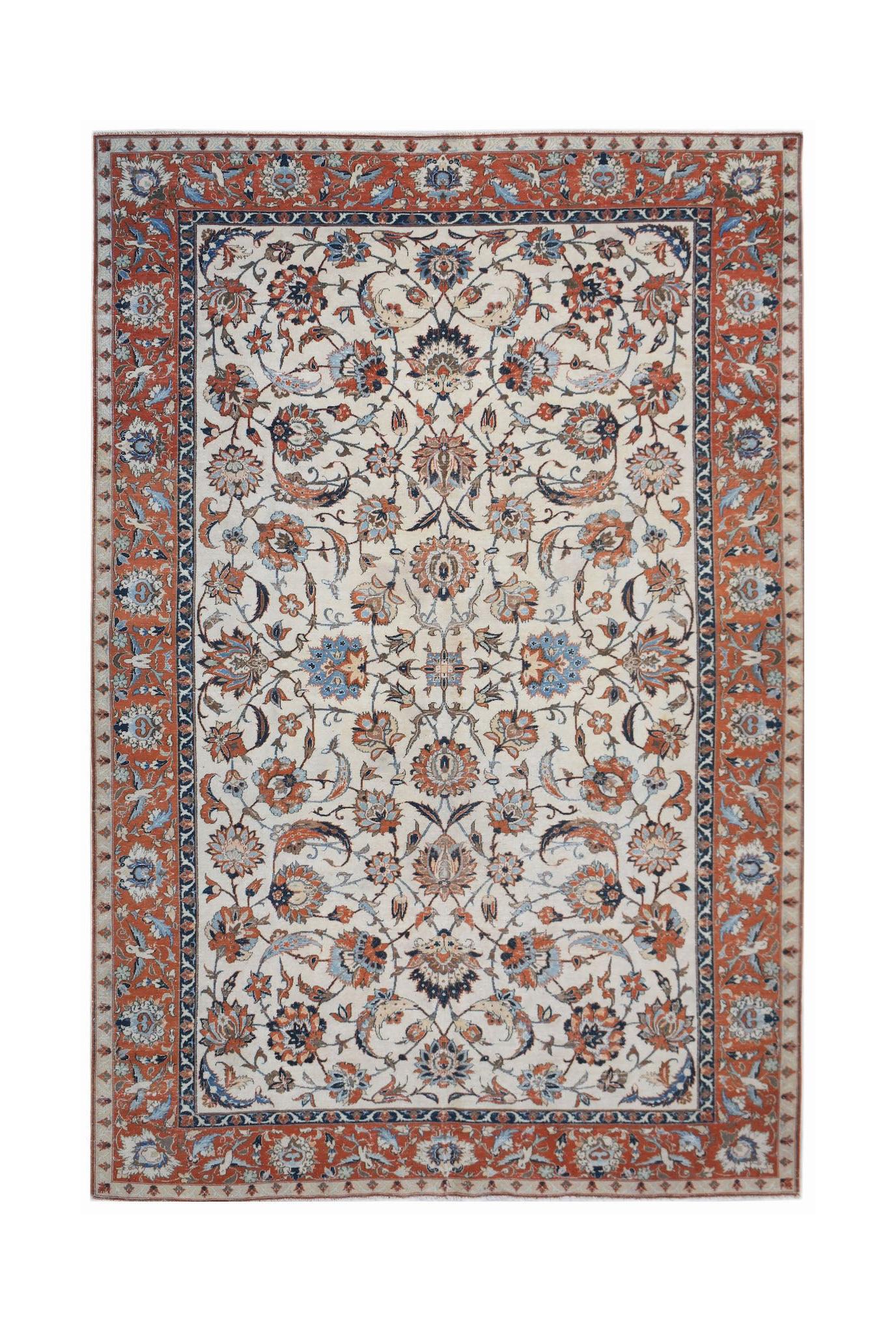 A vintage Persian Kashan rug featuring intricate floral patterns in red, blue, and cream tones.