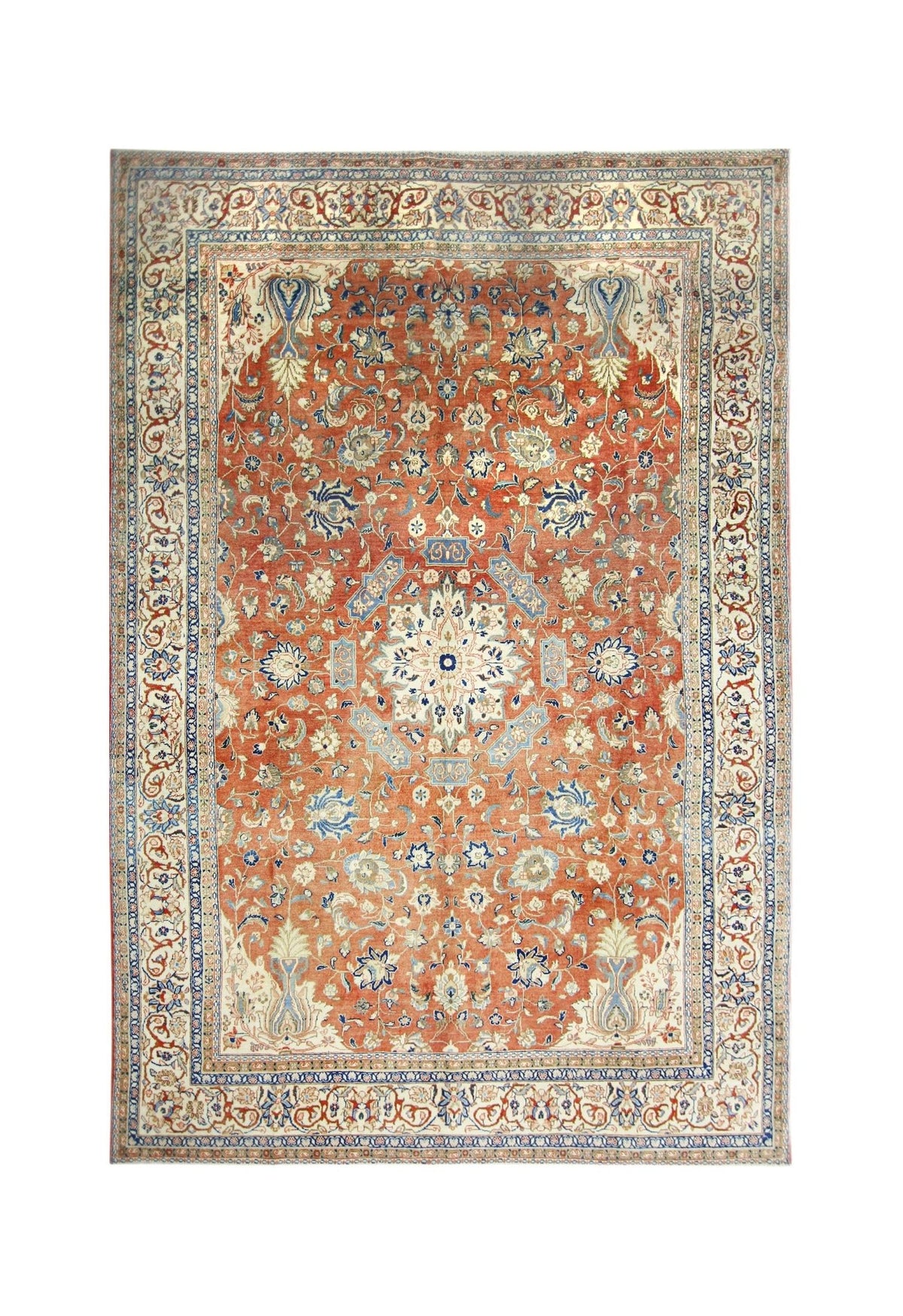 Hand-knotted vintage Persian Tabriz wool rug featuring a central floral medallion in rust red, cream, and navy blue.