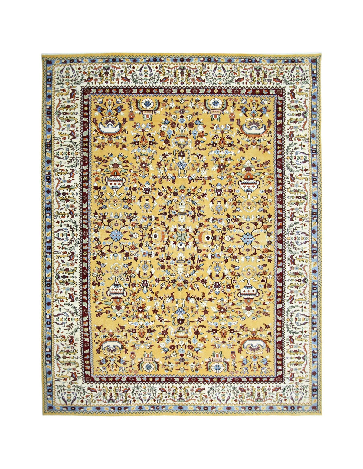 Hand-knotted vintage Persian Tabriz rug in yellow with intricate floral motifs, urns, and a cream decorative border.
