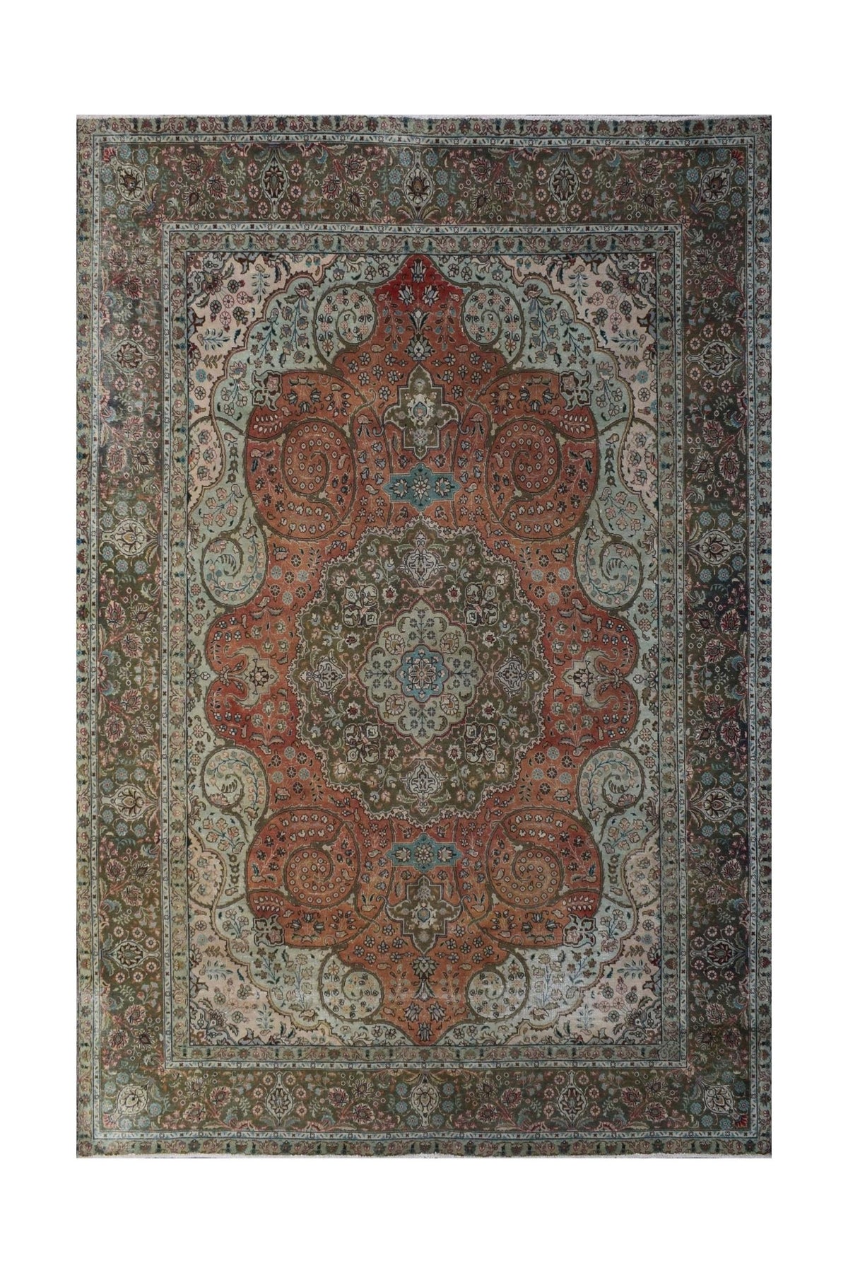 A vintage handwoven Persian Tabriz rug featuring intricate floral patterns in rust and sage green.