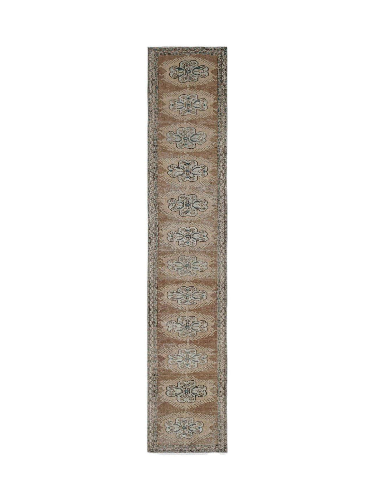Vintage Persian Tabriz runner with a repeating floral pattern in brown and blue.