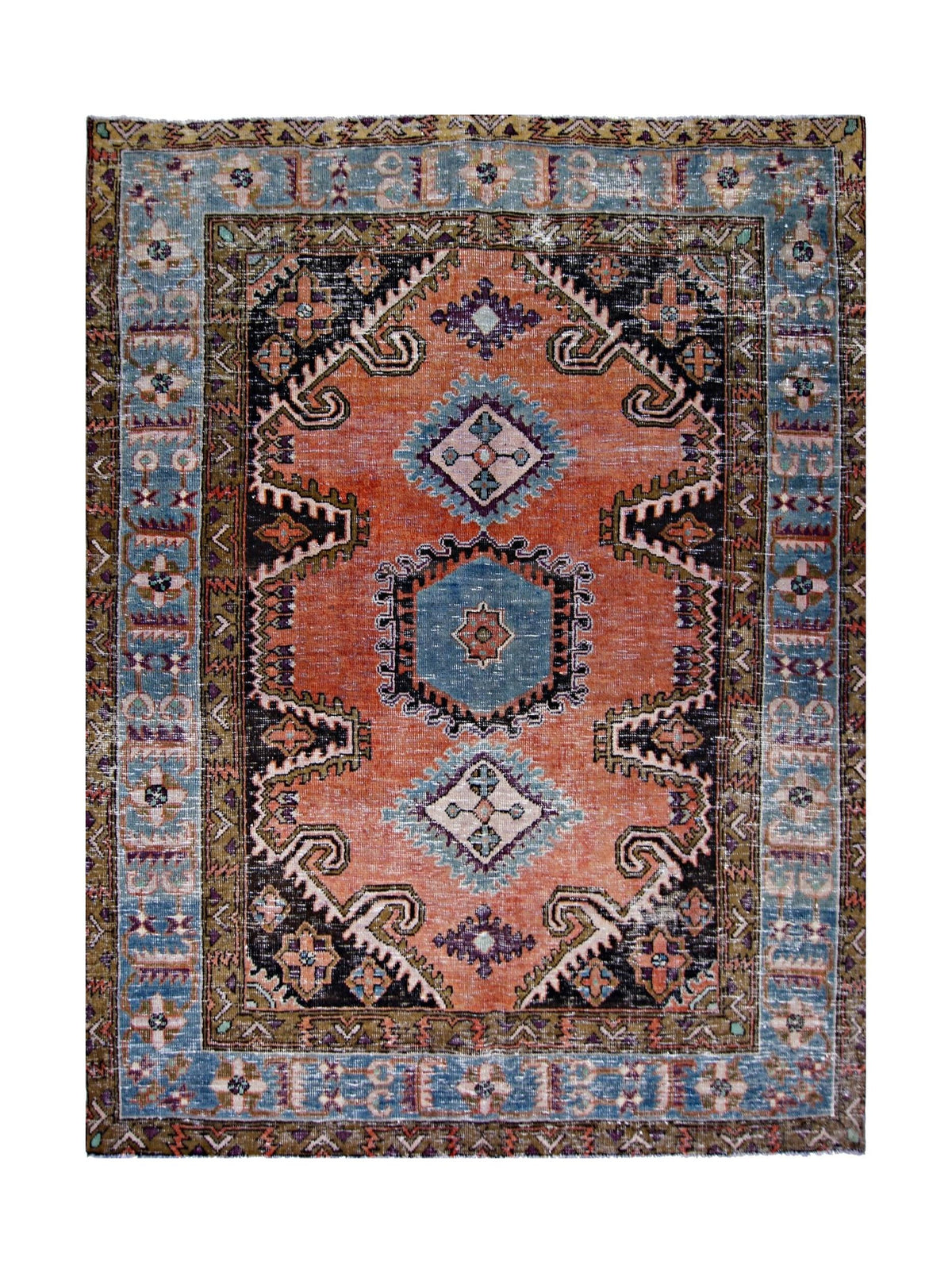 Hand-knotted vintage Persian Wiss wool rug featuring a geometric medallion in orange, blue, and black with tribal motifs.