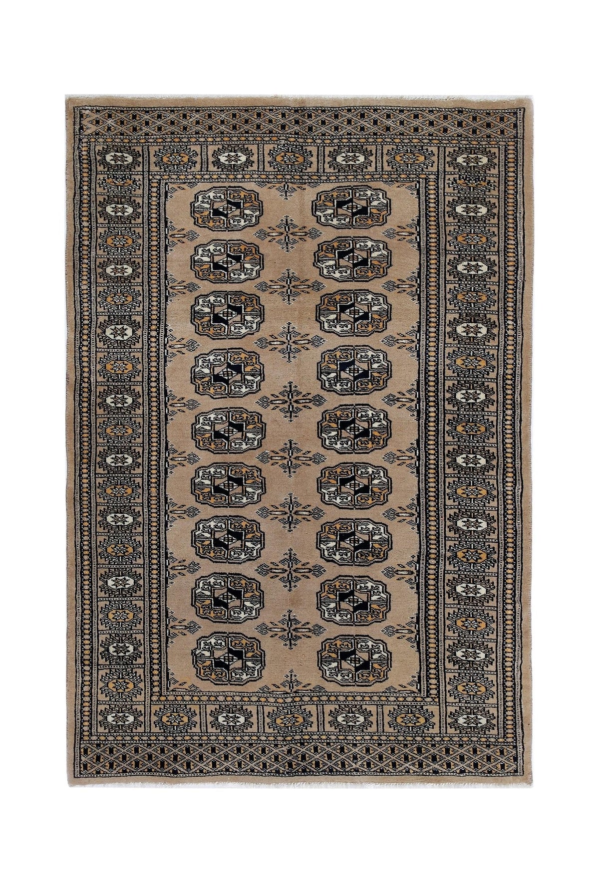 Hand-knotted Pakistani Princess Bokhara rug in beige with repeating black and white gul motifs and a detailed border.