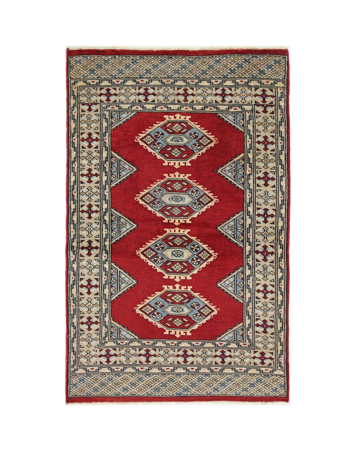 Hand-knotted Pakistani Princess Bokhara rug with red field, repeating blue and cream gul motifs, and decorative borders.