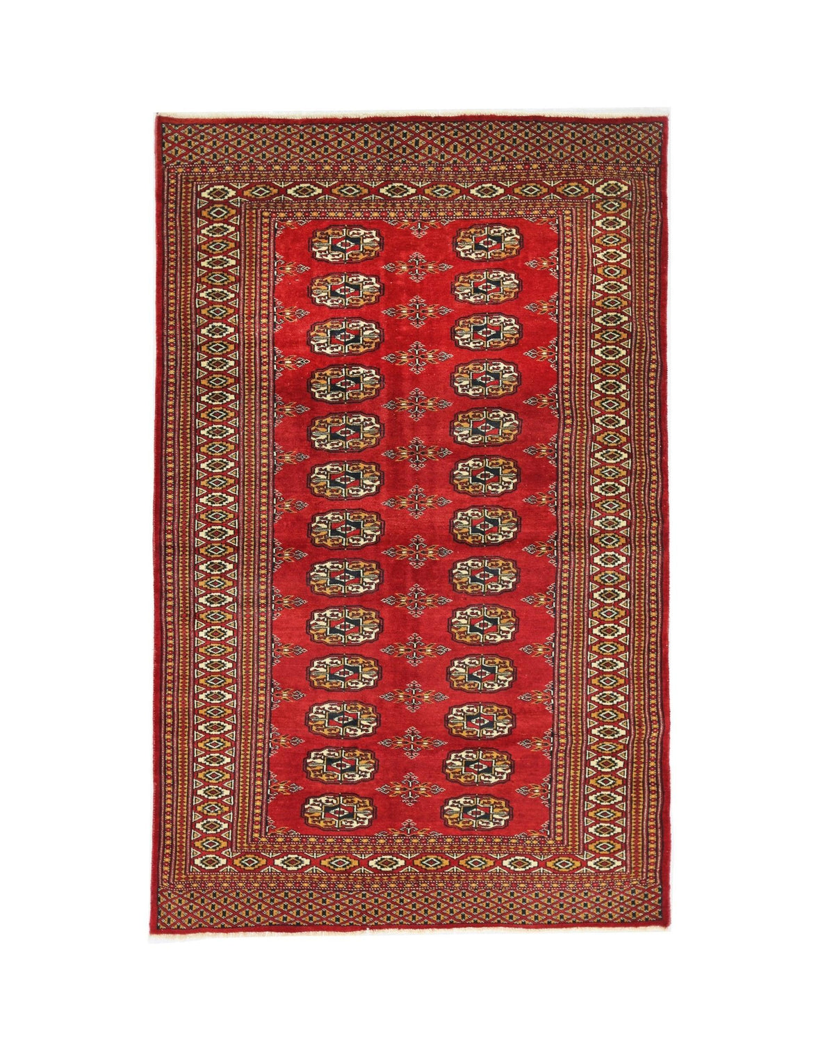 Hand-knotted red Pakistani Princess Bokhara rug featuring repeating gul motifs and a geometric border.