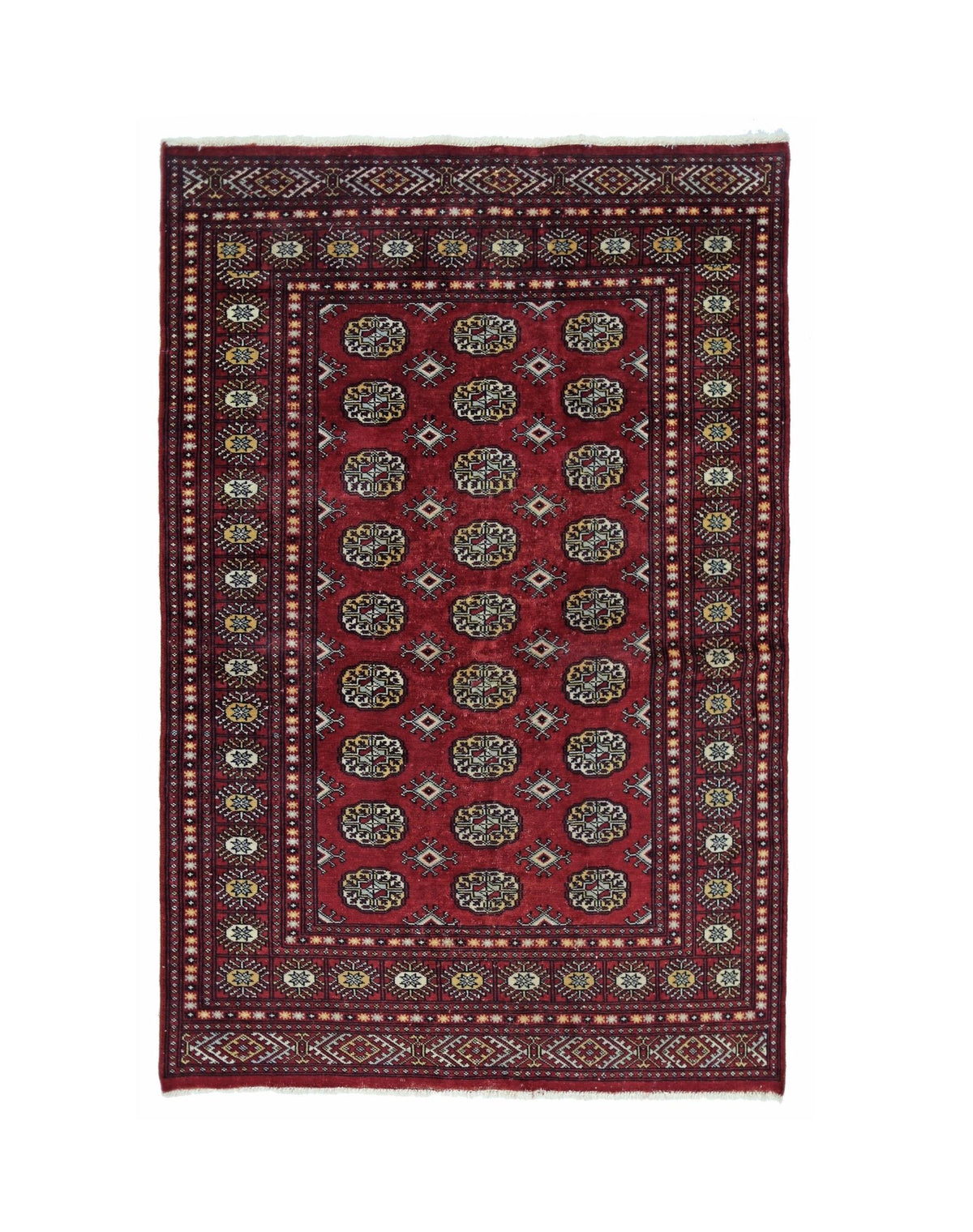 Hand-knotted red Pakistani Princess Bokhara rug featuring repeating gul motifs and a detailed geometric border.