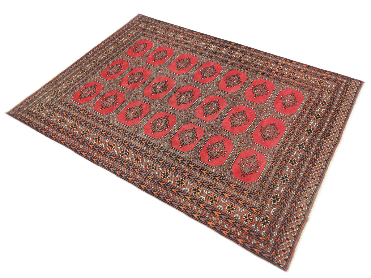 Hand-knotted Pakistani Princess Bokhara rug in red with repeating geometric gul patterns and a detailed decorative border.