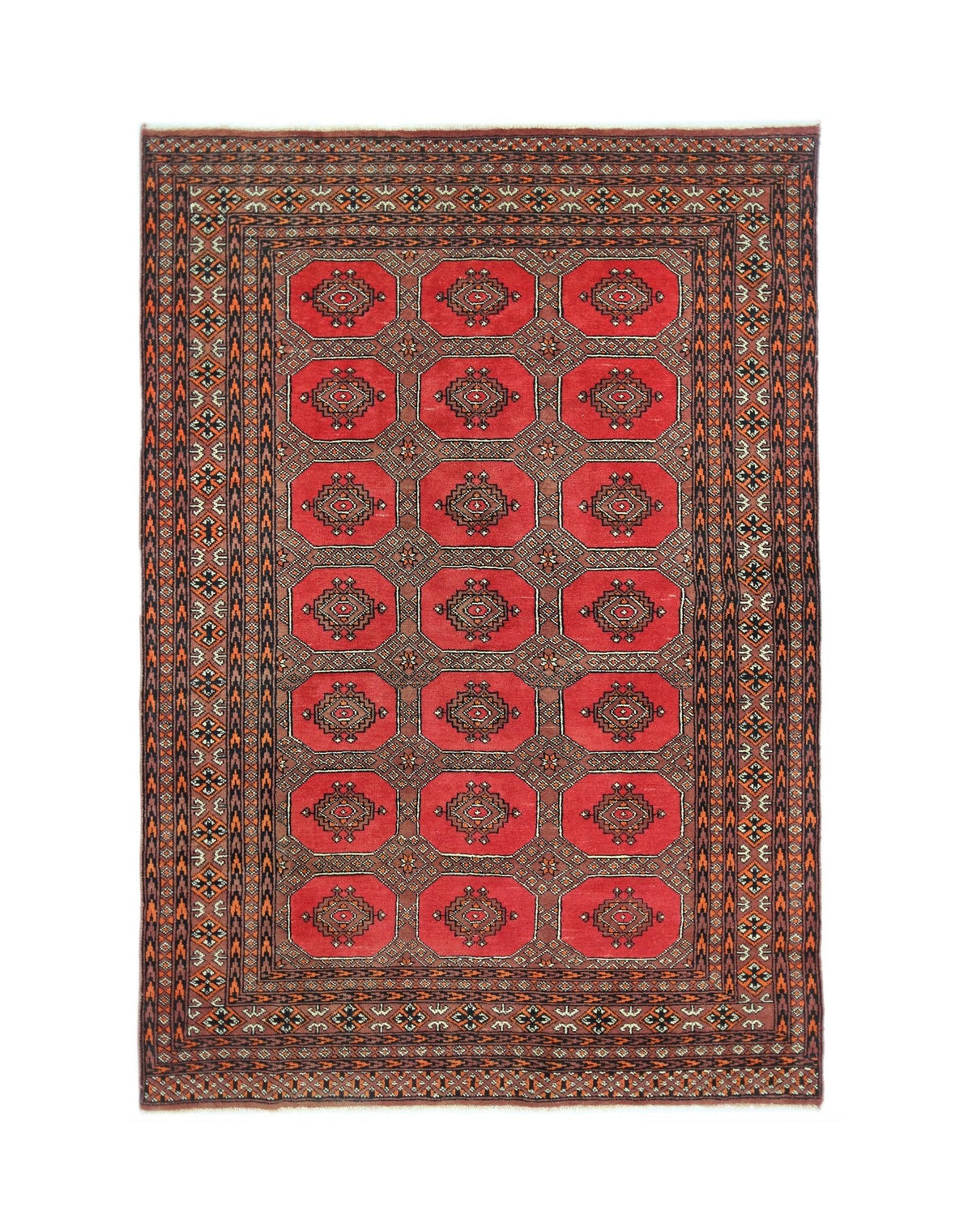Hand-knotted Pakistani Princess Bokhara rug in deep red with repeating geometric gul patterns and a detailed border.
