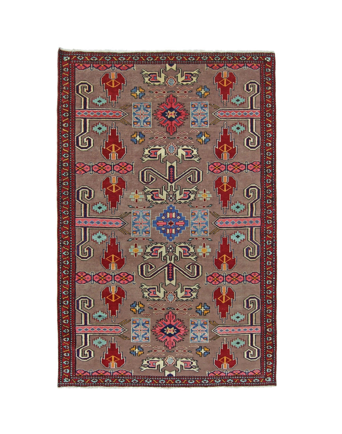 Hand-knotted Pakistani Princess Bokhara rug featuring intricate red, blue, and cream geometric guls on a taupe field.