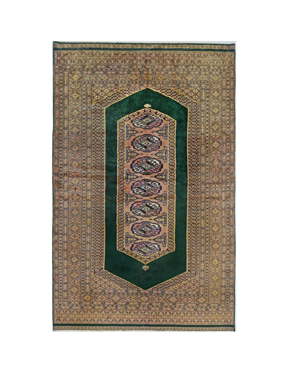 Hand-knotted Pakistani wool rug featuring a central green field with delicate geometric guls and intricate patterned borders.