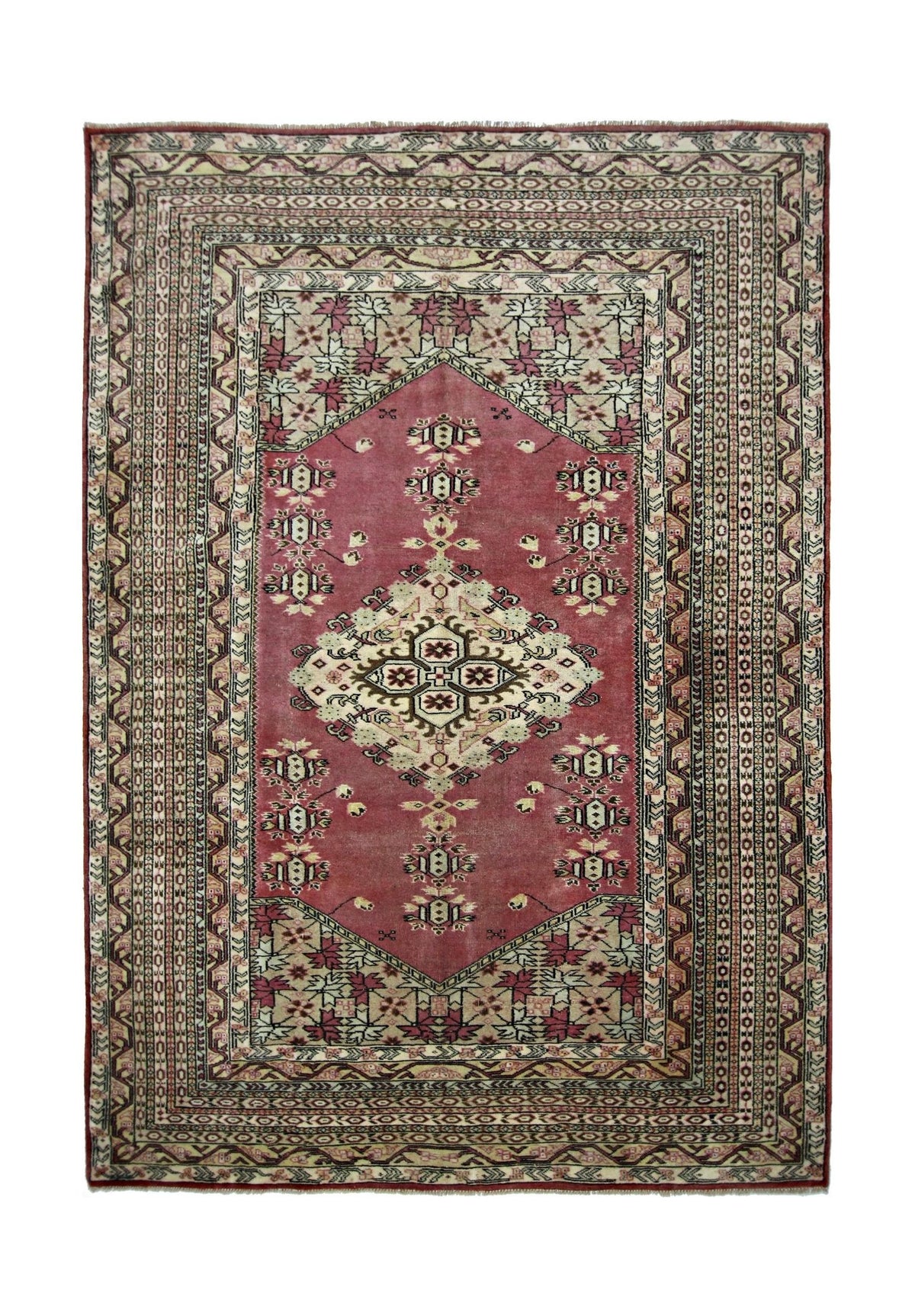 Hand-knotted Pakistani wool rug featuring a deep red field, intricate cream and black geometric guls, and a detailed border.