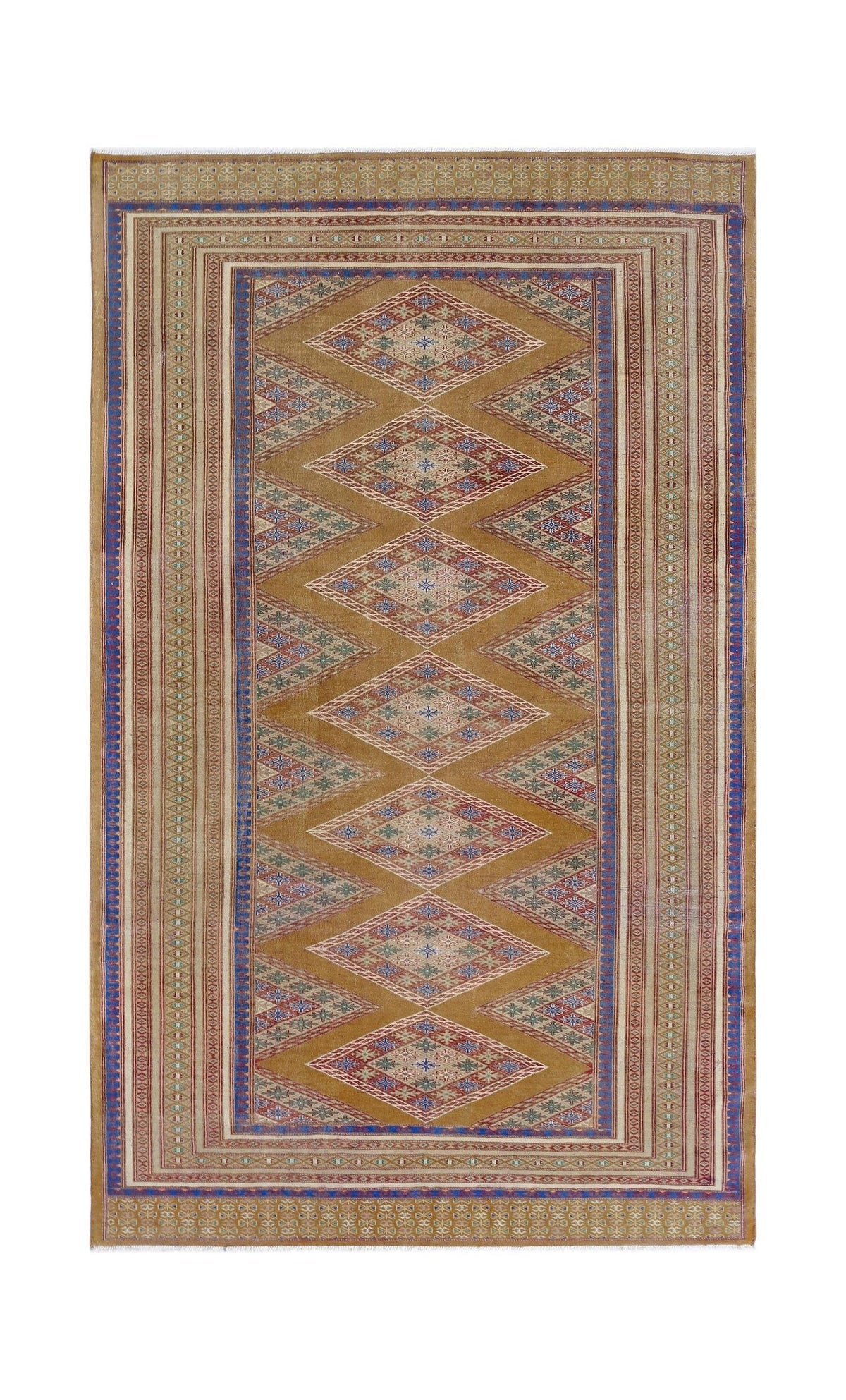 Hand-knotted Pakistani wool rug featuring a mustard field with repeating diamond-shaped guls and intricate geometric borders.