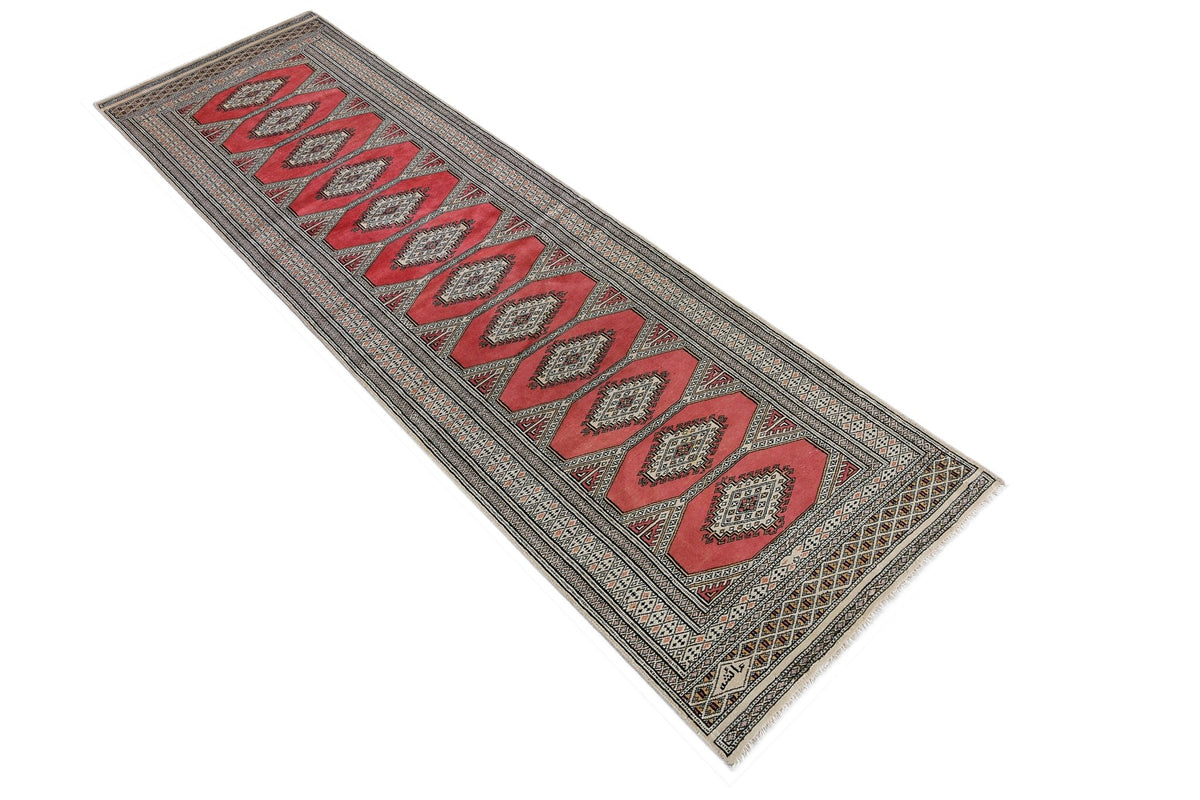 Vintage Princess Bokhara runner featuring red guls and intricate geometric borders on a cream field with short fringe.