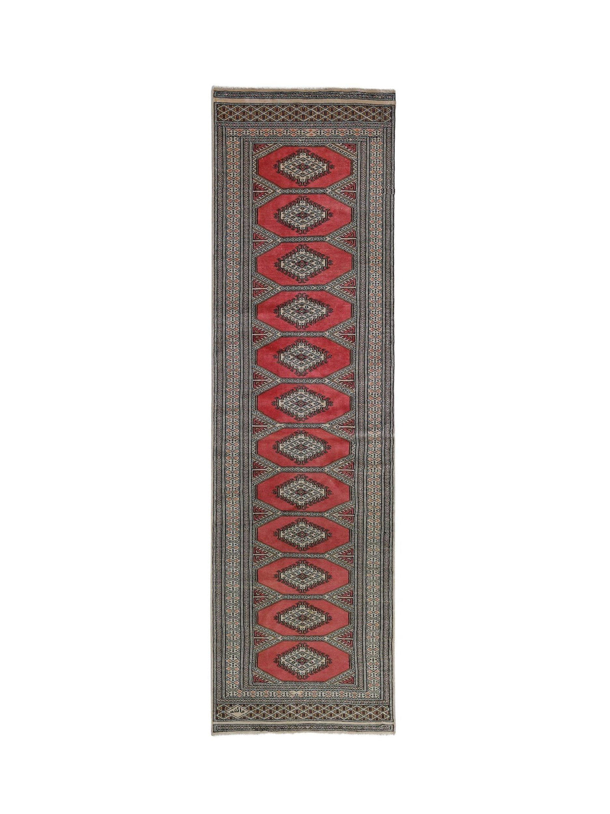 Vintage Princess Bokhara runner featuring repeating red guls and geometric borders on a narrow, weathered wool field.