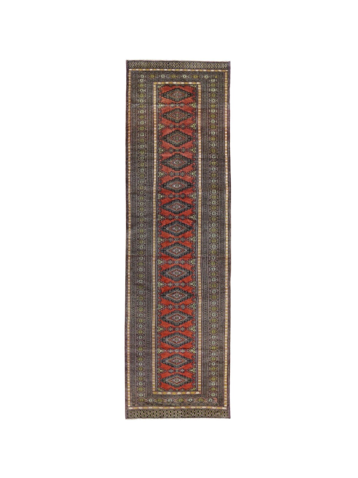 Vintage Princess Bokhara runner featuring rows of geometric guls in deep red, black, and cream with intricate borders.