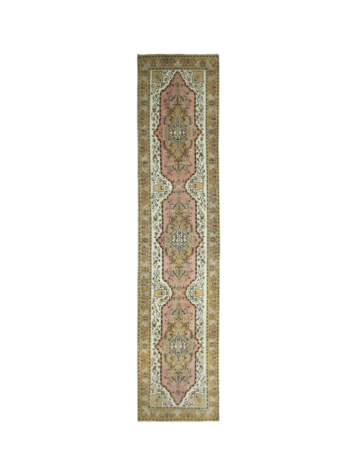 Vintage Turkish Anatolian runner featuring linked medallions in dusty pink and cream with intricate floral borders.