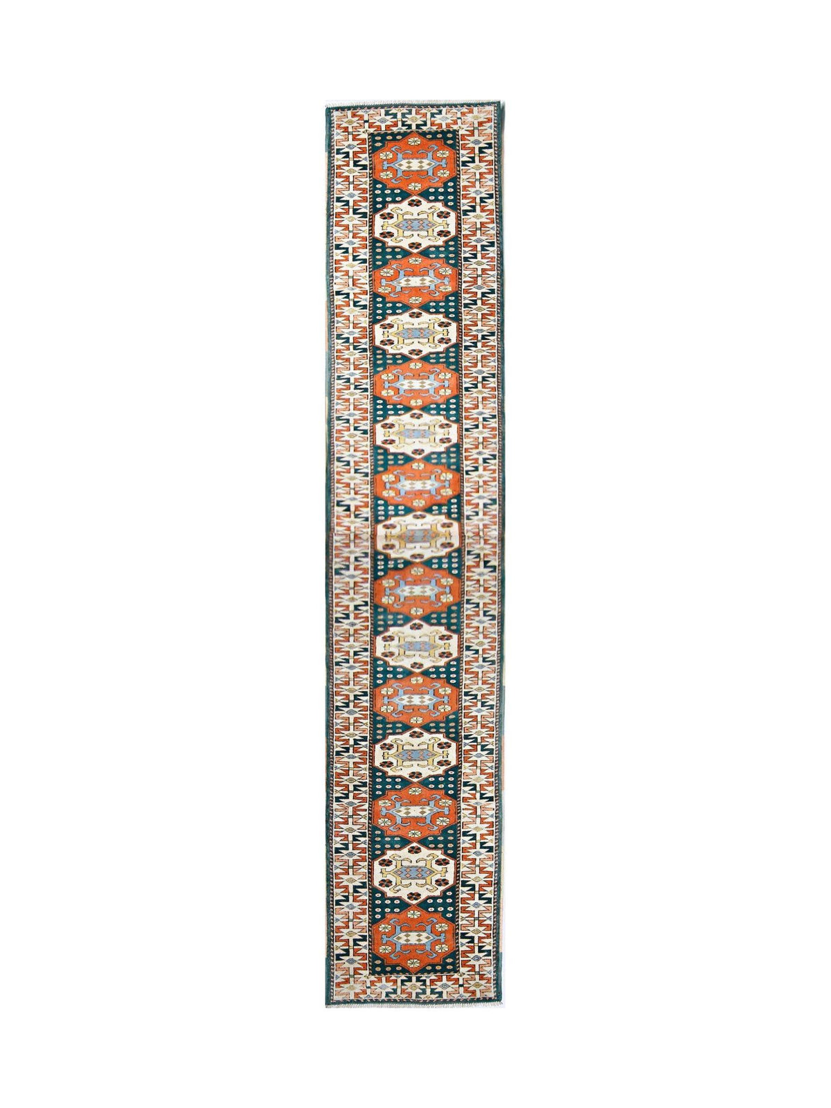 Vintage Turkish Kars runner featuring stacked geometric medallions in orange, teal, and cream with a hooked border.