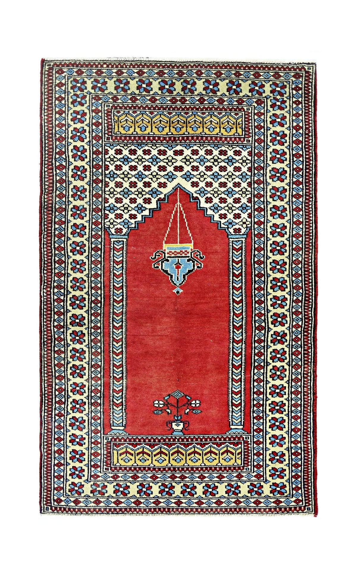 Vintage Kayseri prayer rug with a red central niche, floral motifs, and intricate blue, yellow, and white geometric borders.