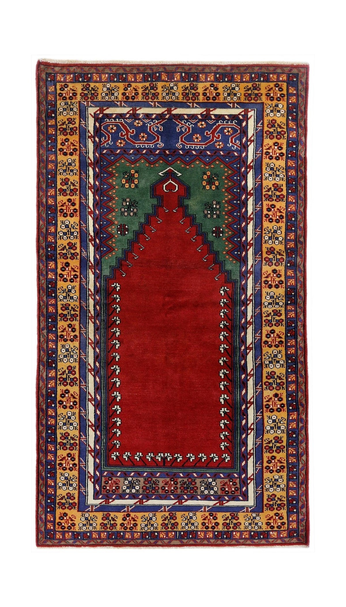 Vintage Turkish Kayseri prayer rug with a red central niche, green accents, and a floral yellow border.