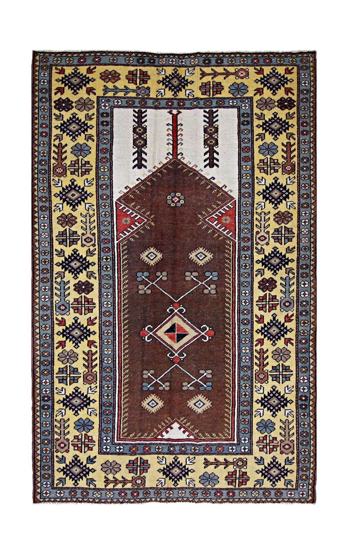 Vintage Turkish Kayseri prayer rug with a brown central mihrab, yellow floral border, and intricate geometric motifs.