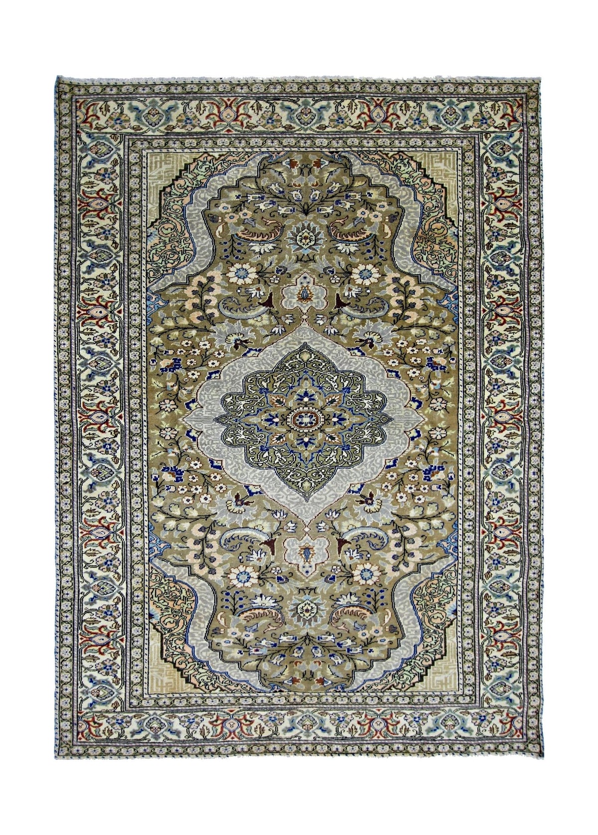 Vintage Kayseri rug featuring a central floral medallion in blue and cream on a muted olive field with intricate borders.