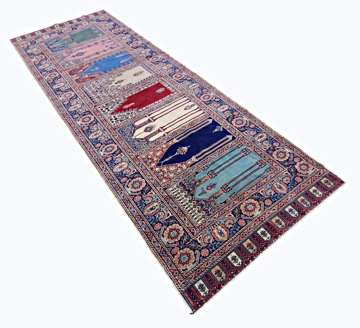 Vintage Turkish Kayseri runner featuring a multi-coloured panelled design with intricate floral borders and a short fringe.