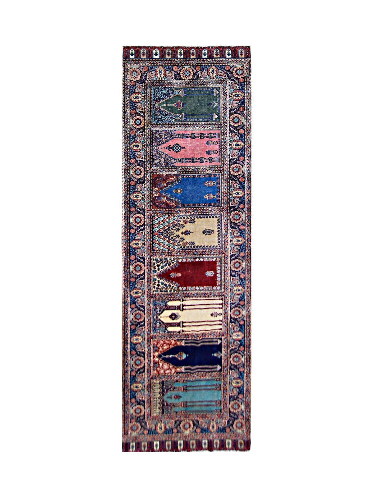Vintage Turkish Kayseri runner featuring a series of colorful prayer niche medallions in a decorative floral border.