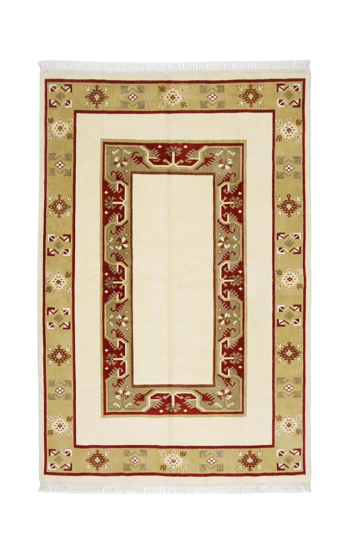 A vintage Turkish Milas rug featuring a cream field with geometric red and tan borders.