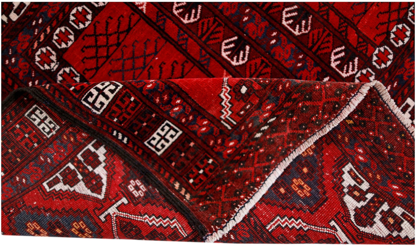 A vintage handwoven Afghan Turkmen Engsi rug featuring geometric patterns in red, blue, and ivory.