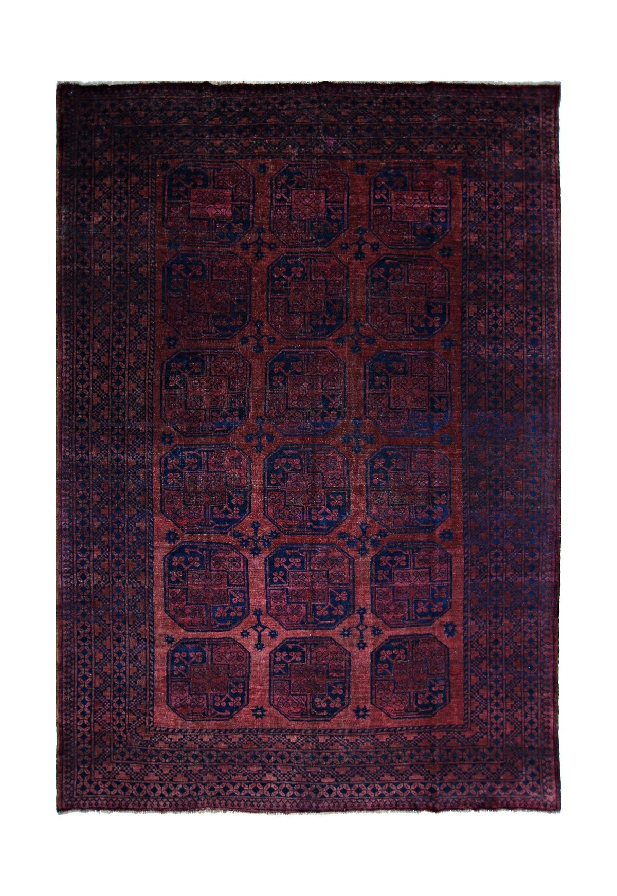 Hand-knotted vintage Turkmen Ersari rug featuring a bold red and indigo blue elephant's foot gul pattern on wool.