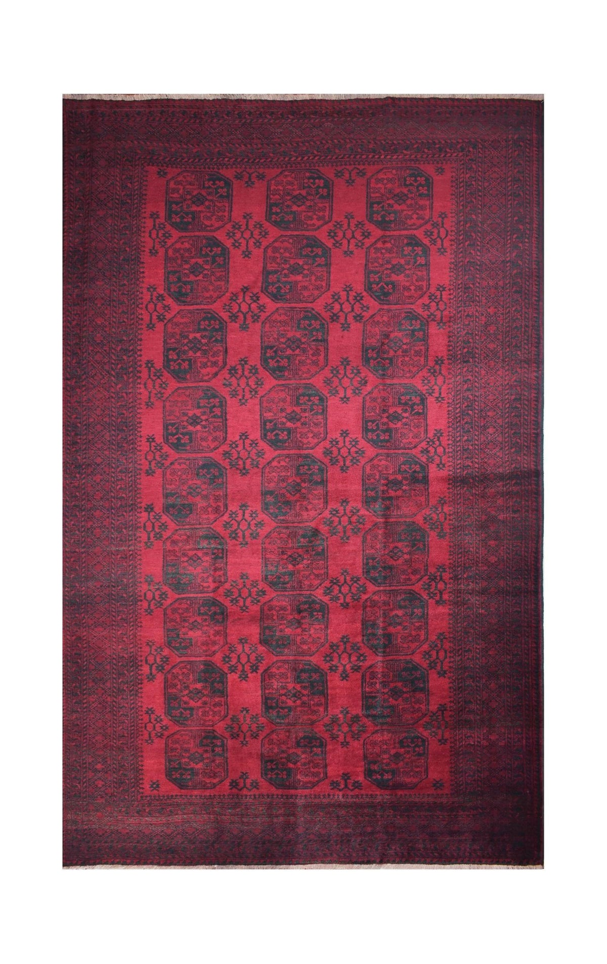 Hand-knotted Turkmen Ersari rug in deep red and indigo with repeating elephant's foot gul medallions and wool fringe.