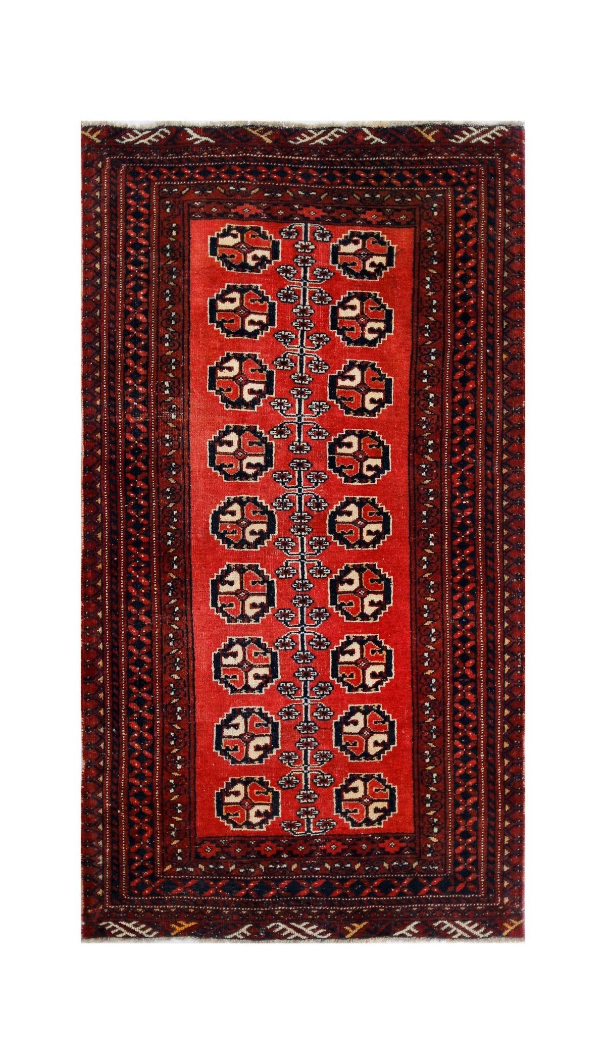 Vintage Turkmen Mauri rug in deep madder red with repeating black and cream gul medallions and a fine wool pile.