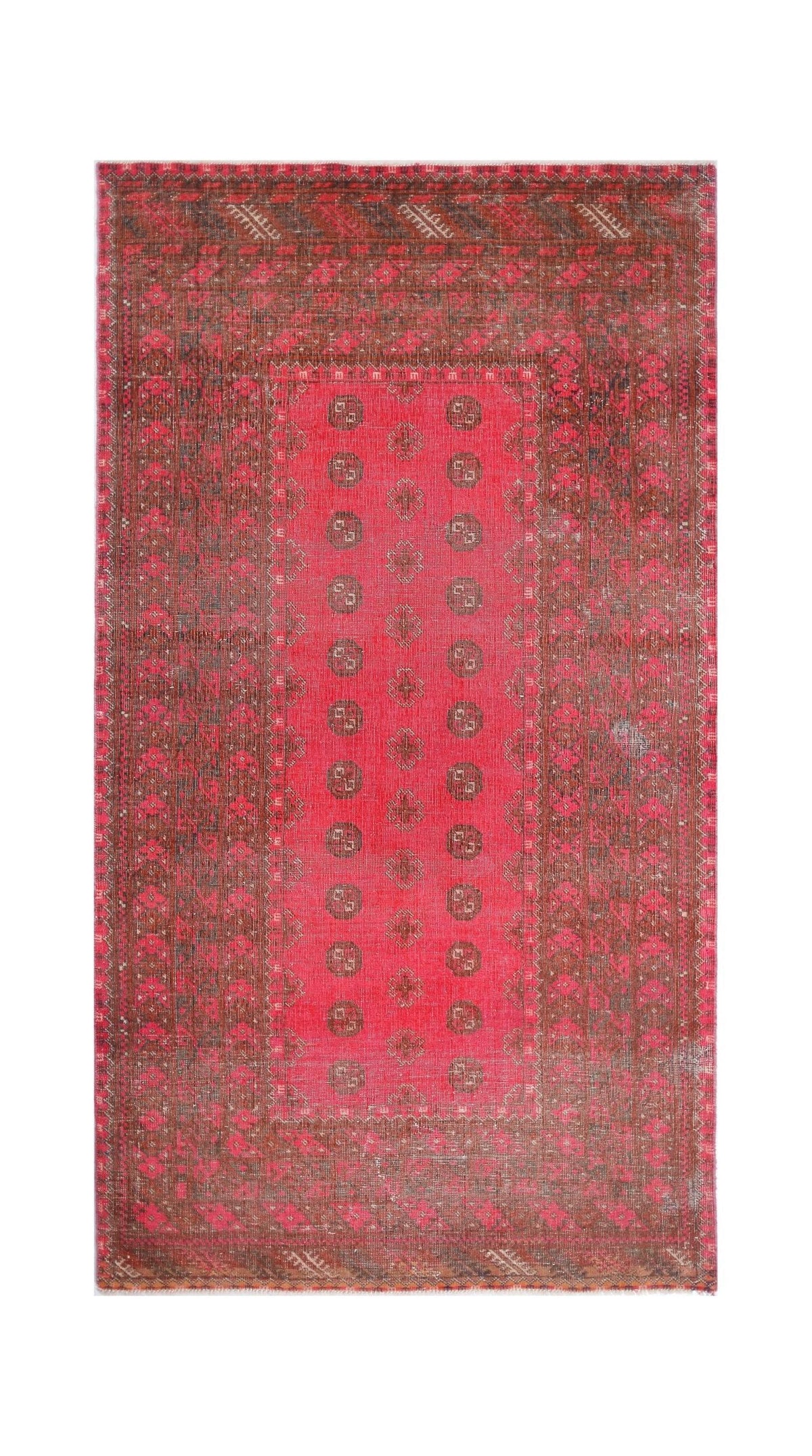 Vintage Turkmen Mauri rug featuring deep red and brown tones with repeating gul medallions and a fine hand-spun wool pile.
