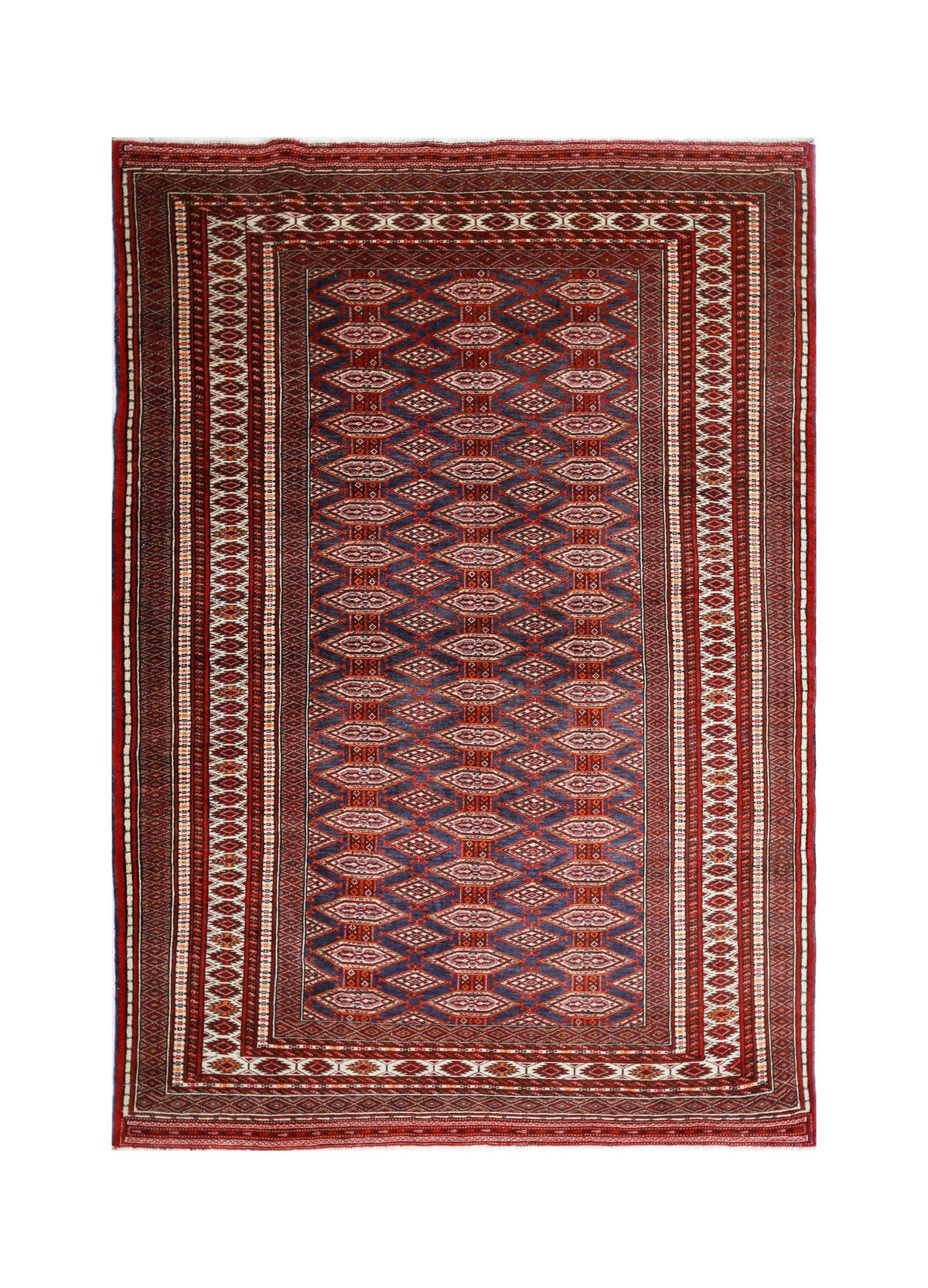 Hand-knotted vintage Turkmen Yomut rug with red and blue diamond guls in diagonal rows and intricate geometric borders.