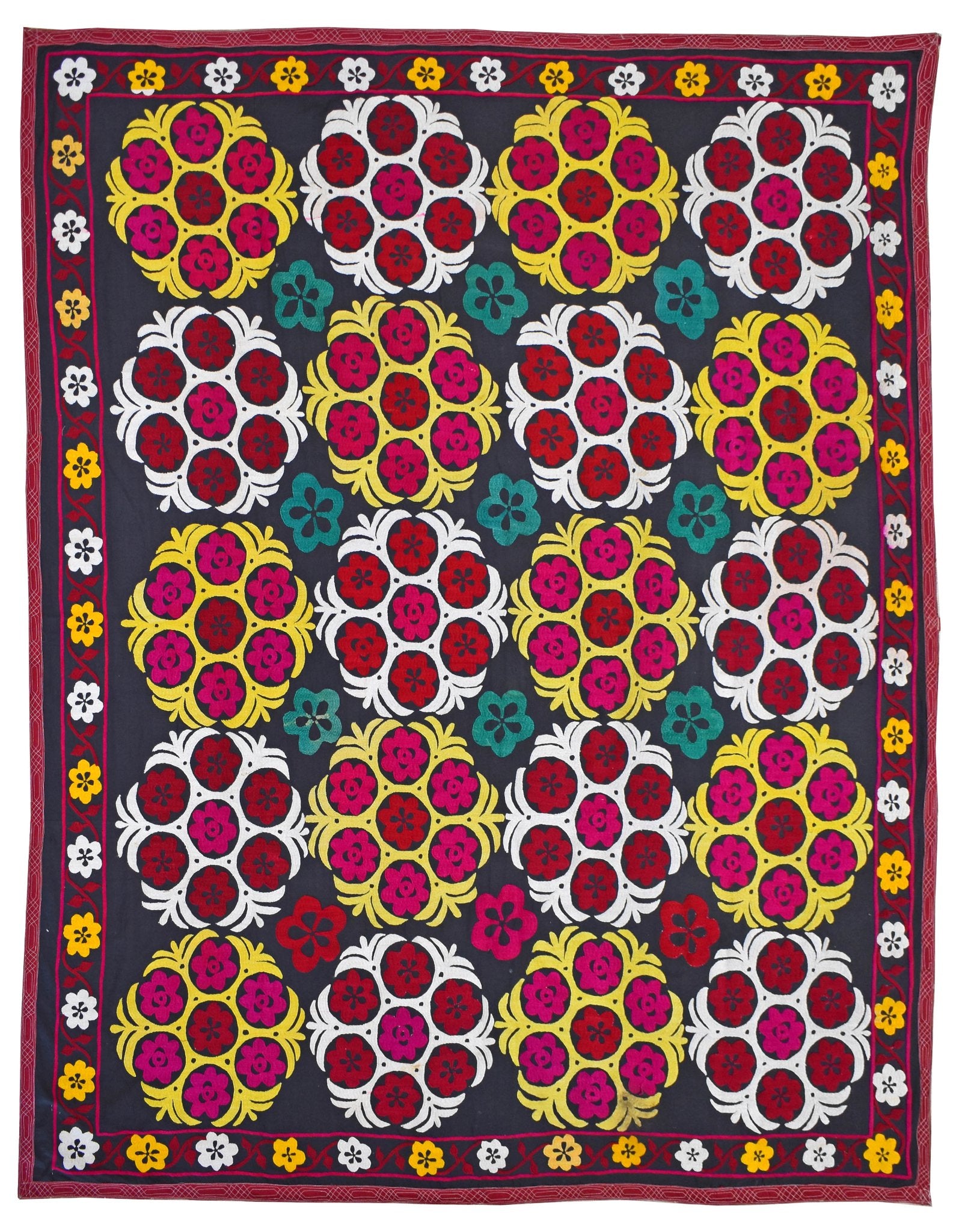 Hand Embroidered Vintage Uzbek Suzani | 218 x 186 cm | 7'1" x 6'10" - Najaf Rugs & Textile