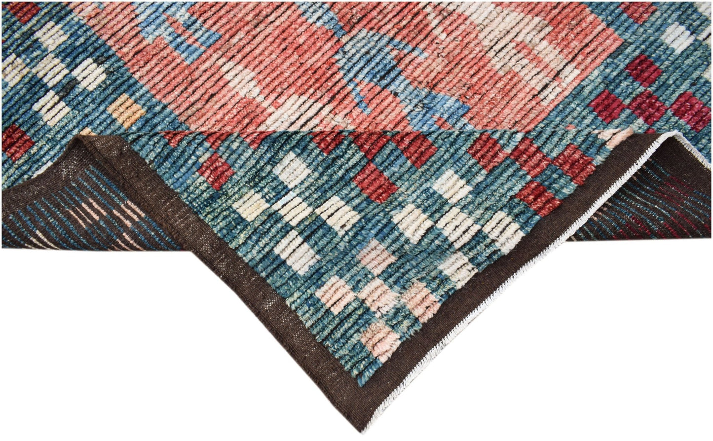 A hand-knotted Afghan Yekta rug featuring a geometric pattern in blue, red, and cream wool.