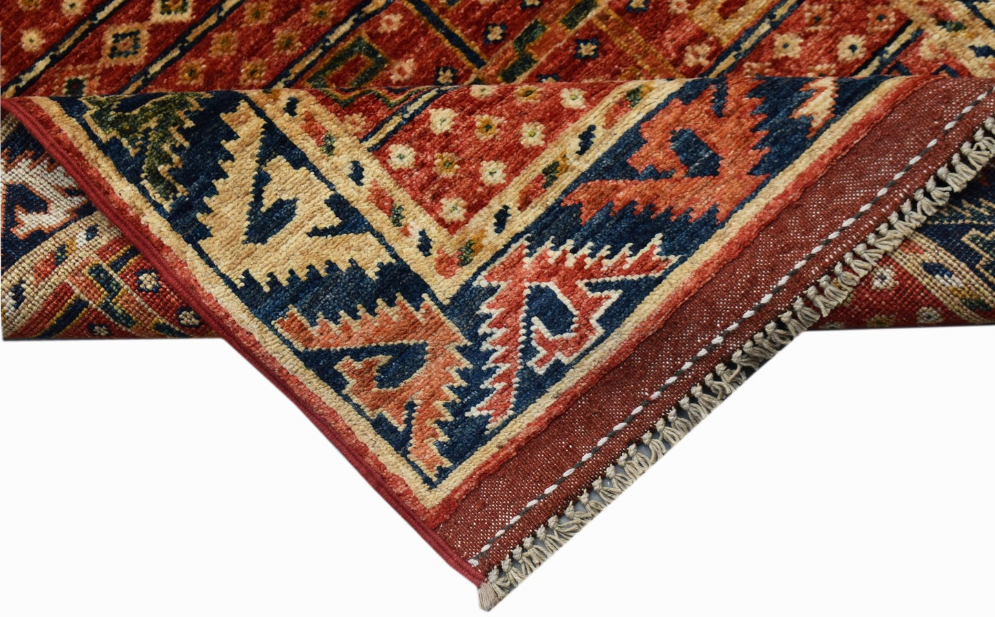 A handwoven Afghan Chobi runner featuring traditional geometric patterns in red, blue, and cream.