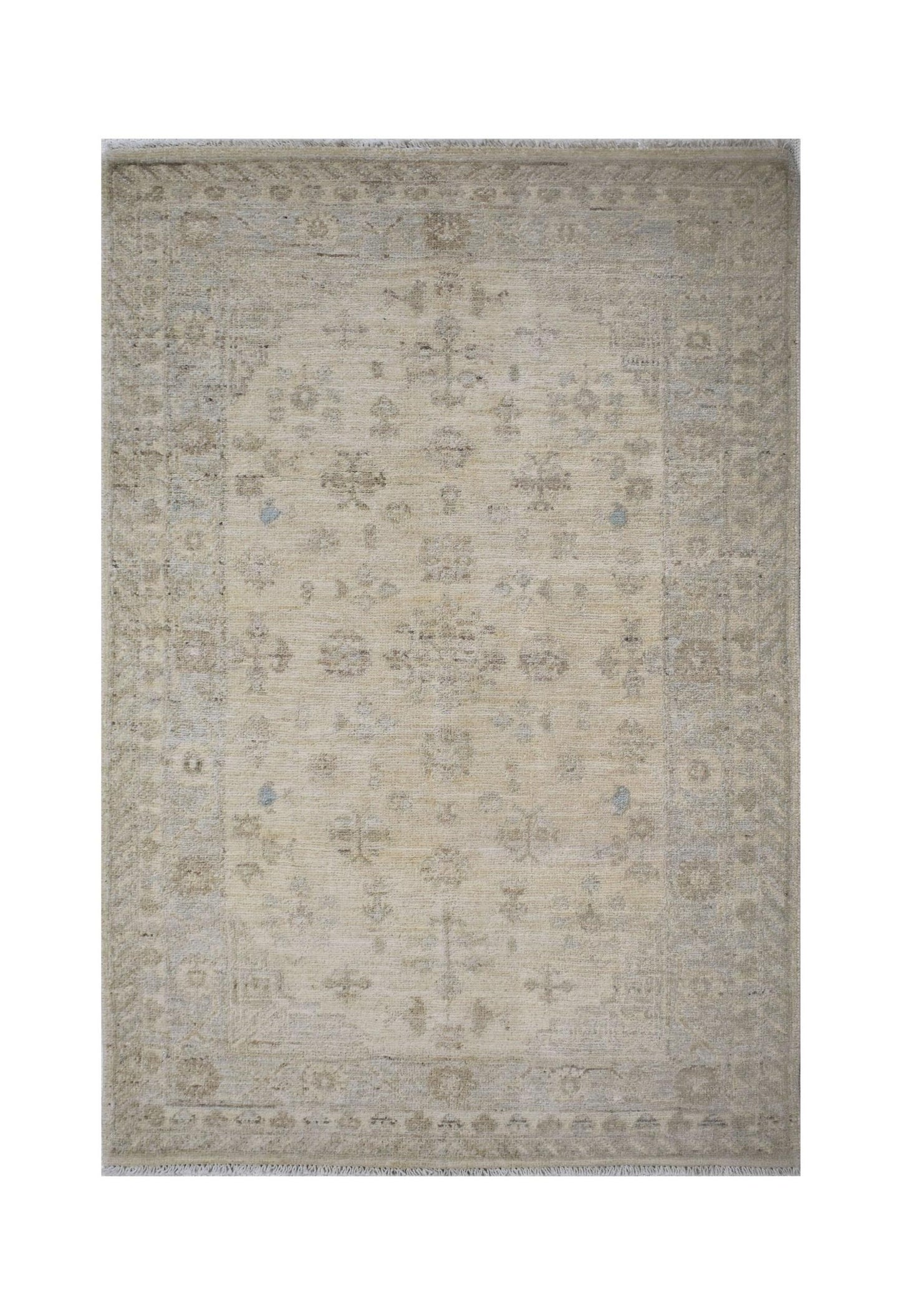 A rectangular Afghan Chobi rug featuring a traditional floral pattern in neutral beige tones.