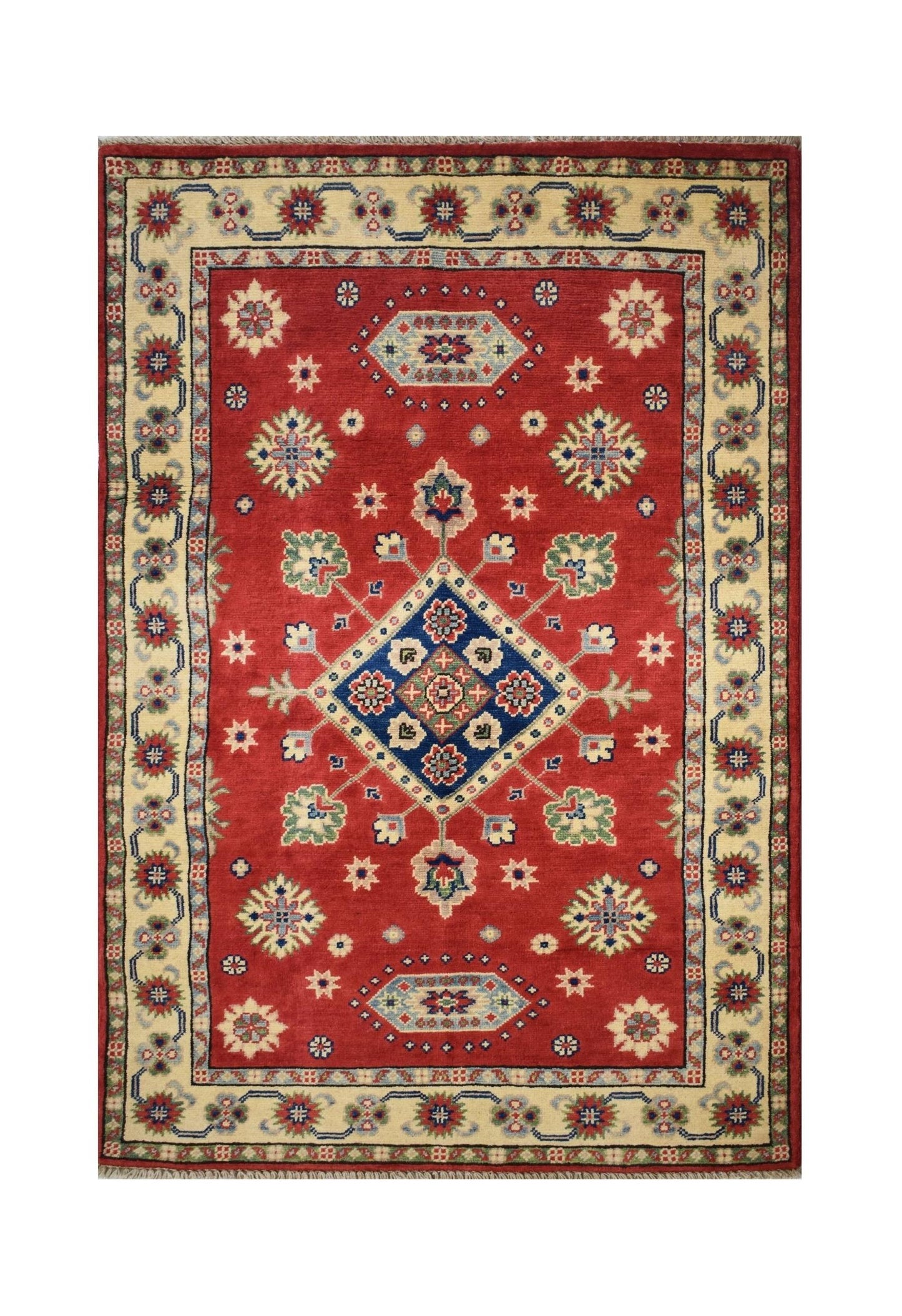 Handmade Afghan Kazakh rug featuring a central blue diamond medallion on a red wool field.