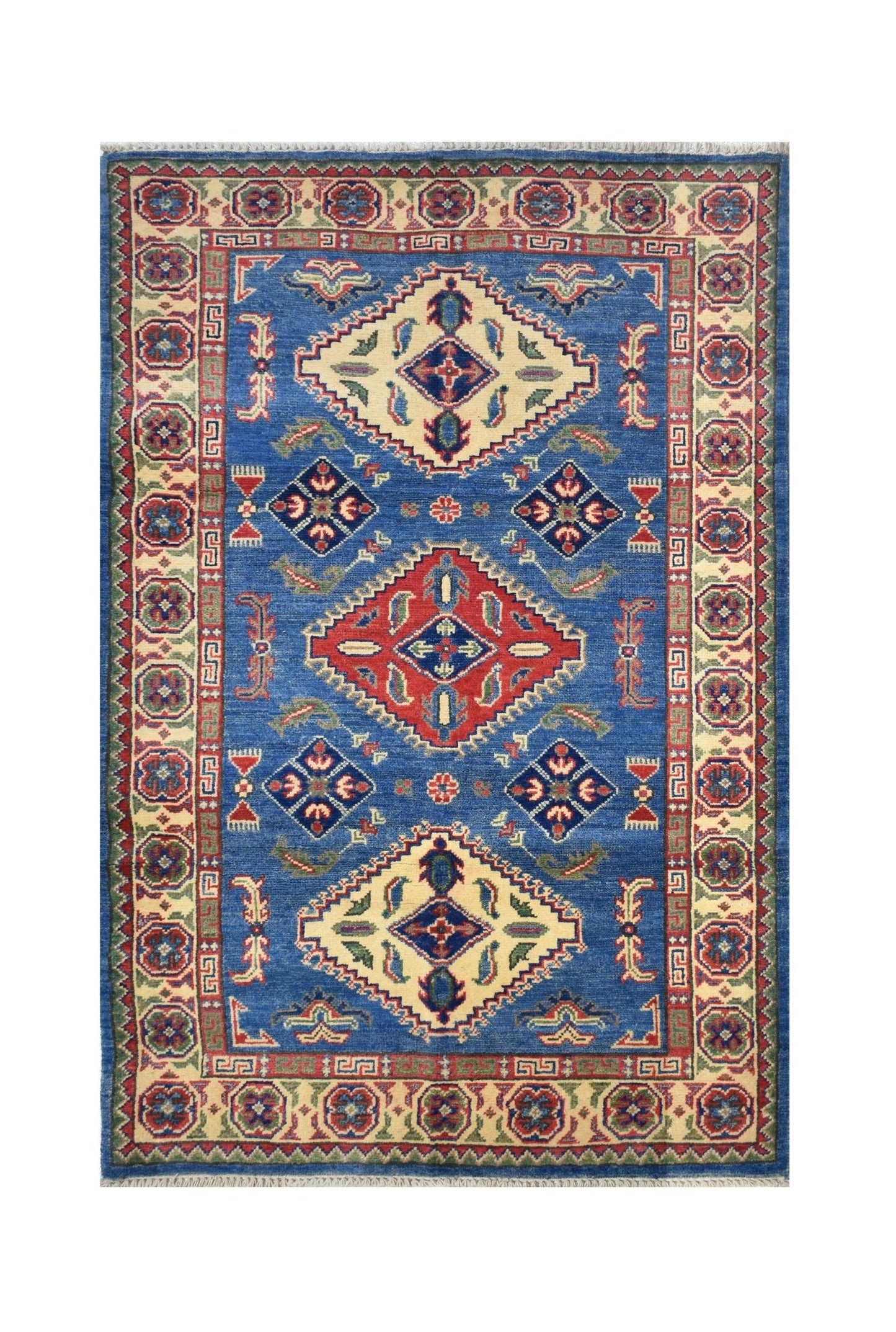 Handmade Afghan Kazakh rug featuring a blue field with geometric diamond motifs and floral accents.