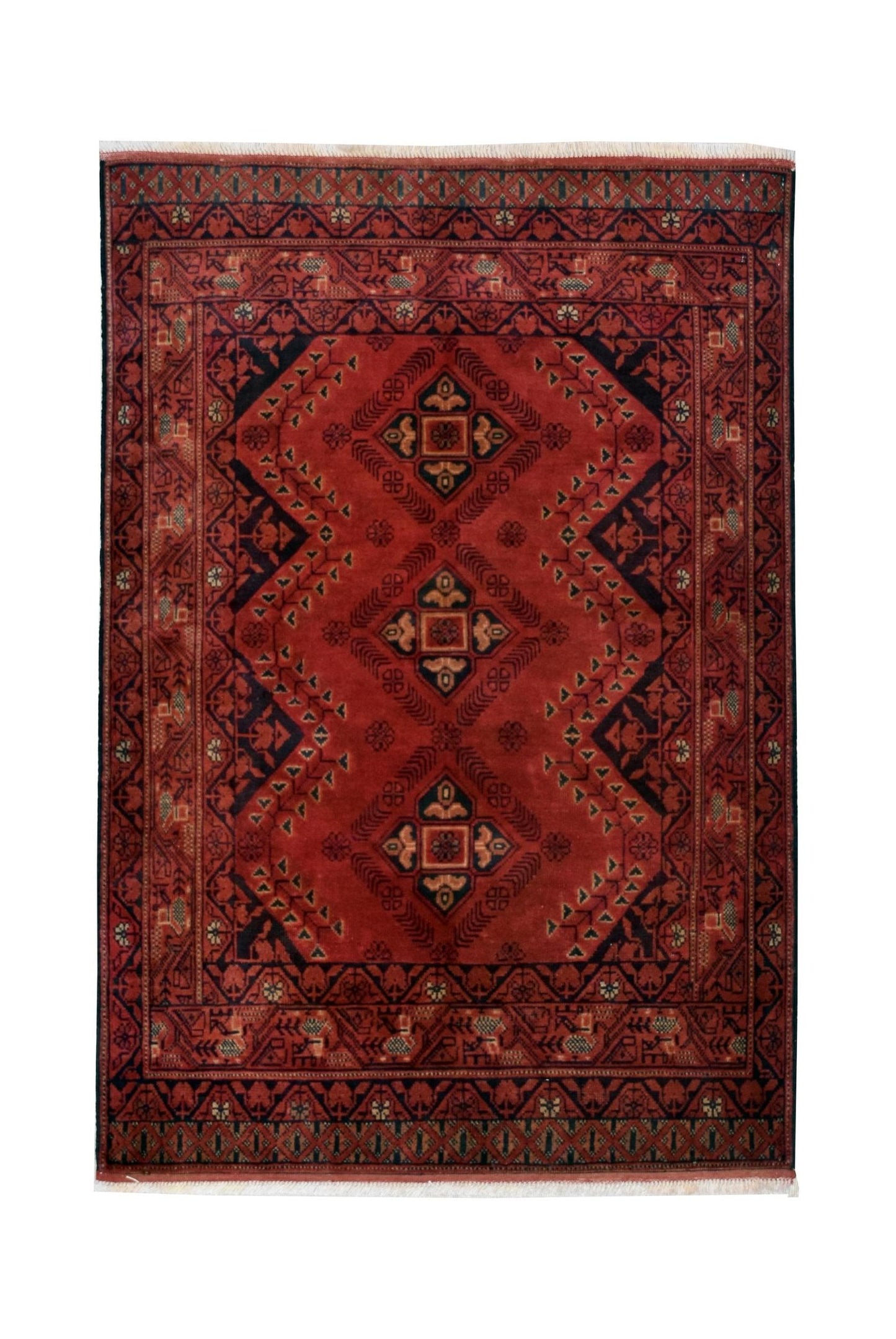 Handmade Afghan Khal Mohammadi wool rug featuring a deep red field with geometric patterns.